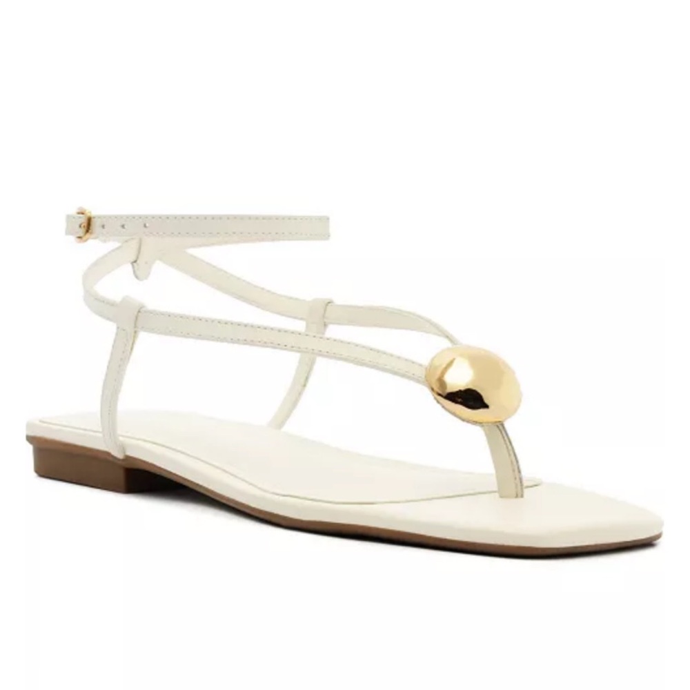 Women's White Ankle-Strap Thong Sandals with Gold Accent